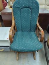 Wooden Grinding/ Rocking Chair with Green Upholstery and Spindle Arms