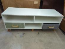 White Wooden Storage Bench With Two Fabric Drawers and Open Shelves