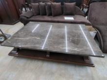 Large Marble-Top Coffee Table with Wood Base