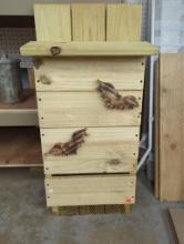 Wooden Bat House with Burned Bat Motif, 15 x 4 x 36 Inches