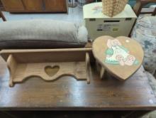 Two Wooden Items: Wall Shelf and Heart Shaped Stool
