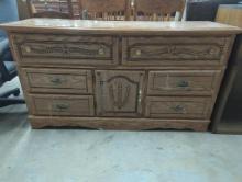 Wooden Dresser With Decorative Carvings, Measures 58 x 18 x 31 Inches
