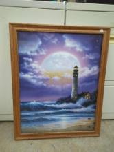 Framed Lighthouse Print With Moonlit Ocean Scene, 25 x 31 Inches