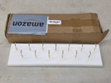Wall-Mounted White Wooden Rack with 14 Gold Hooks