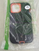 Black Smartphone Case with Orange Accents in Sealed Packaging