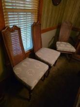 6 Wooden Dining Chairs With Cane Backs and Upholstered Seats