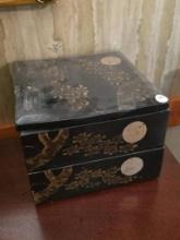 Black Lacquered Two-Tier Storage Box with Floral Motif,
