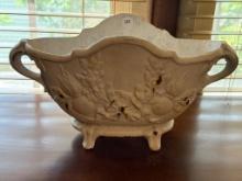 White Ceramic Planter with Floral Relief Design, 14x6x7 Inches