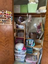 Closet Lot of Assorted Items to Include Craft Supplies, Fabrics, and Sewing Accessories