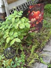 2 Outdoor Decor Items: Pumpkin Flag and Metal Garden Accessory,