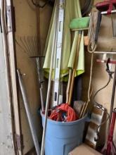 Lot of Assorted Tools and Items to Include Rake, Ladder, and Extension Cord