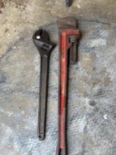 Two Tools To Include Adjustable Wrench and Pipe Wrench