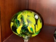 Hand-Blown Glass Orb With Yellow and Green Swirl Design