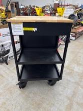 Open Box Black Utility Cart with Wooden Top and Casters, Our Price $279.99