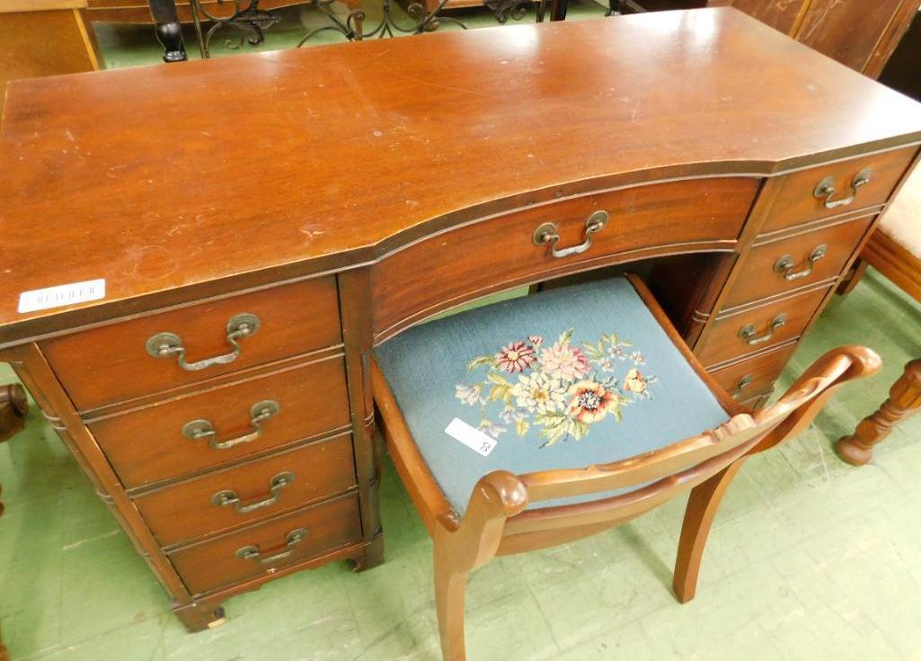 9 Drawer Mahogany Desk with Needlepoint Seat