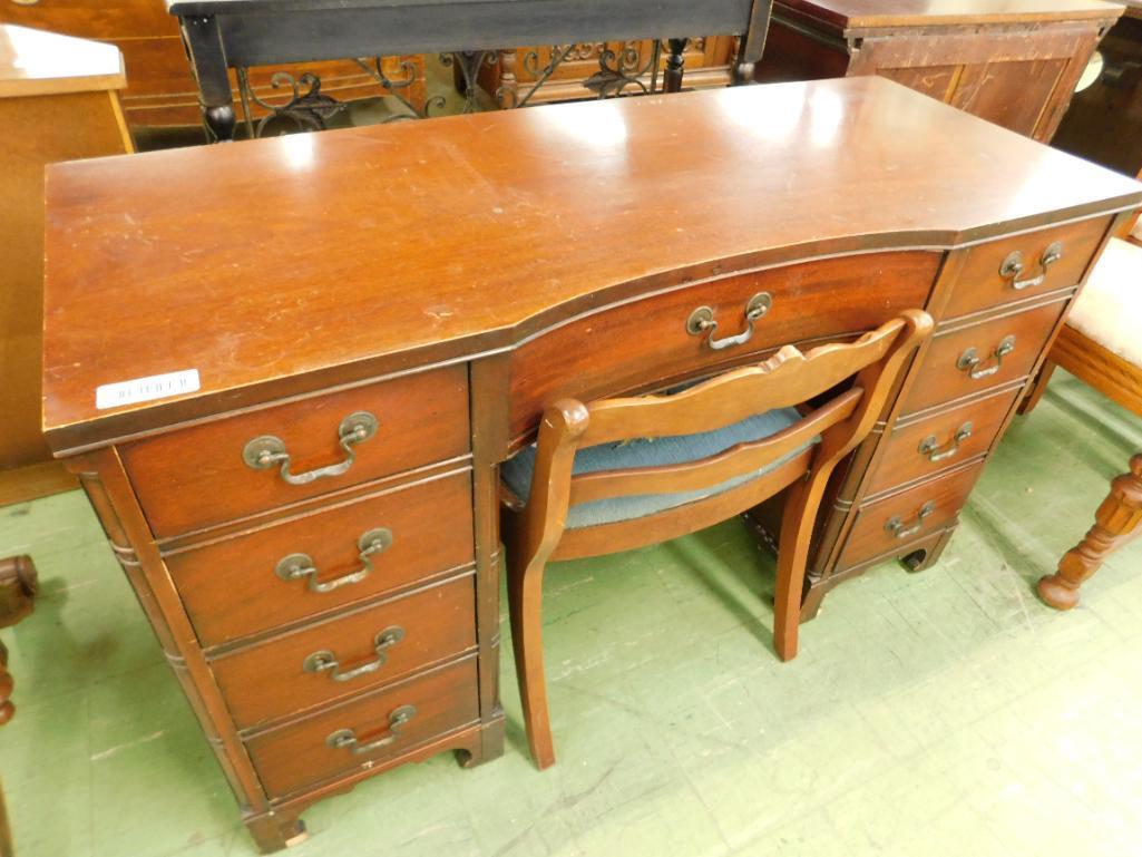 9 Drawer Mahogany Desk with Needlepoint Seat