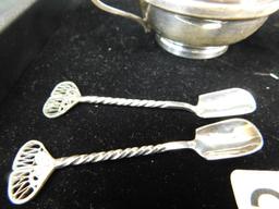 Sterling Silver - 2 Honey / Mustard Pots with Cobalt Liners and Spoons - 82.0 Grams