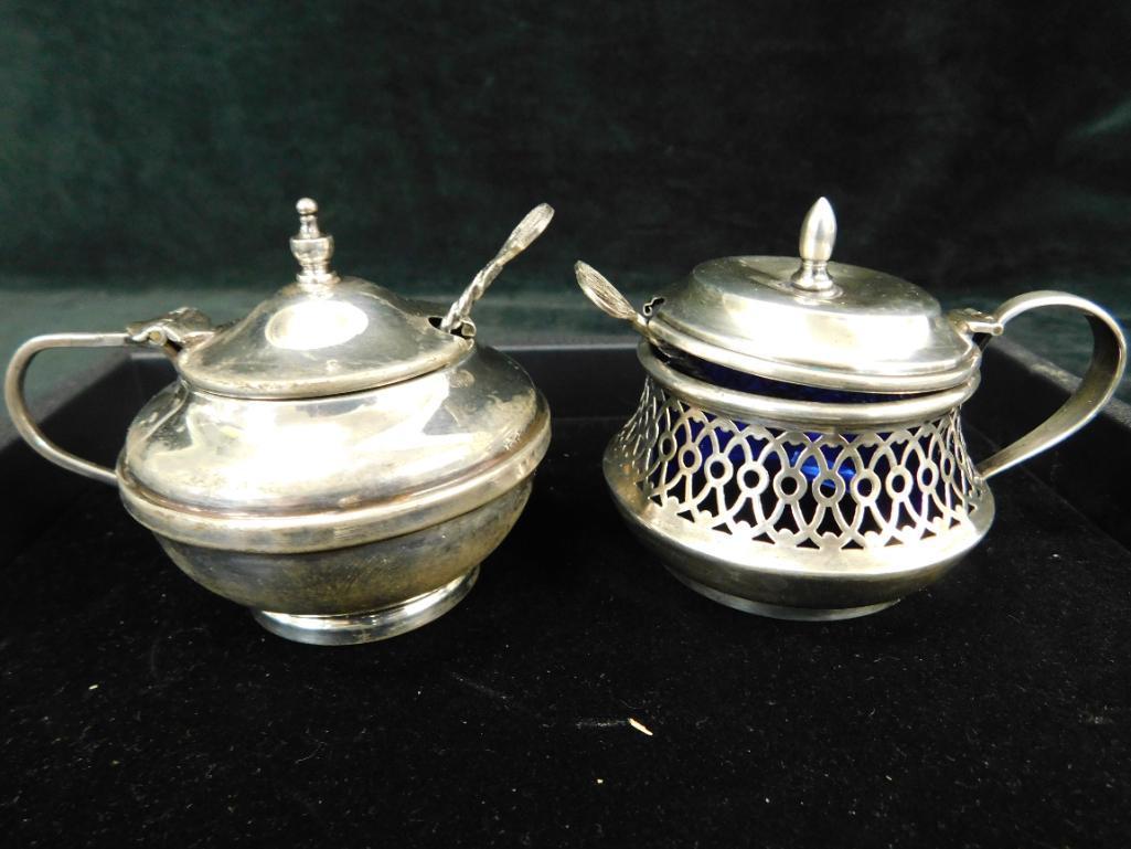 Sterling Silver - 2 Honey / Mustard Pots with Cobalt Liners and Spoons - 82.0 Grams