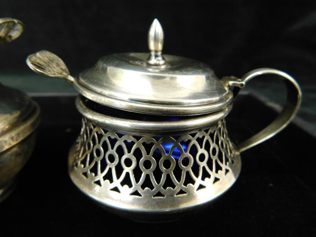 Sterling Silver - 2 Honey / Mustard Pots with Cobalt Liners and Spoons - 82.0 Grams