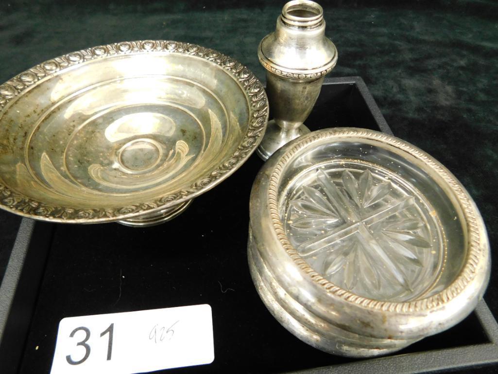 Sterling Silver - Weighted Compote - Topless Shaker - 3 Rimmed Coasters