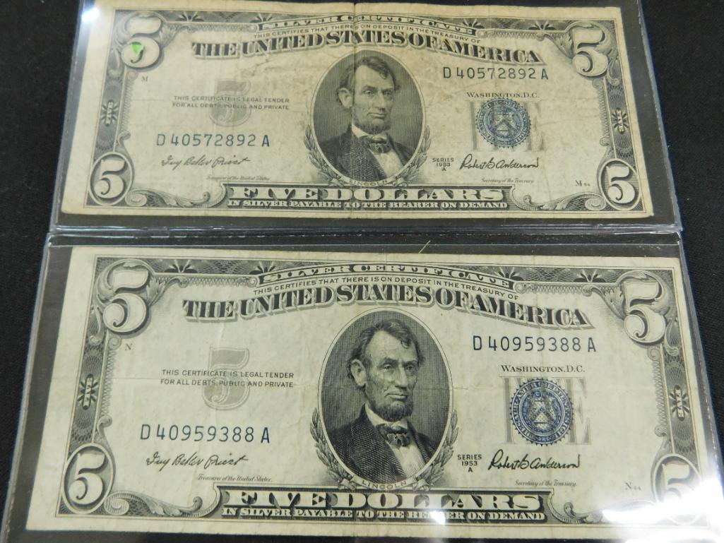 2 Blue Seal 1953 $5 US Silver Certificates