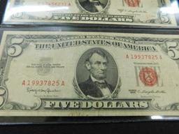 2 Red Seal $5 US Bank Notes