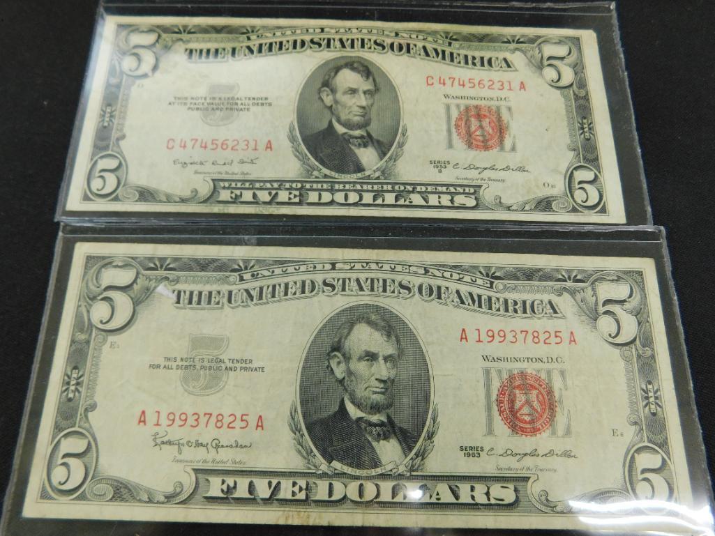 2 Red Seal $5 US Bank Notes