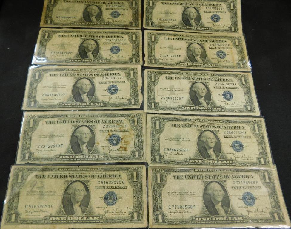 10 Blue Seal $1 US Silver Certificates