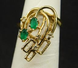 14K Yellow Gold - Ring - Size 6.5 - Emeralds and Diamonds - 4.2 Grams TW