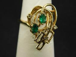 14K Yellow Gold - Ring - Size 6.5 - Emeralds and Diamonds - 4.2 Grams TW