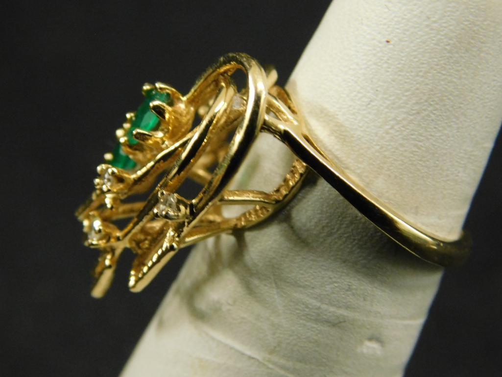 14K Yellow Gold - Ring - Size 6.5 - Emeralds and Diamonds - 4.2 Grams TW