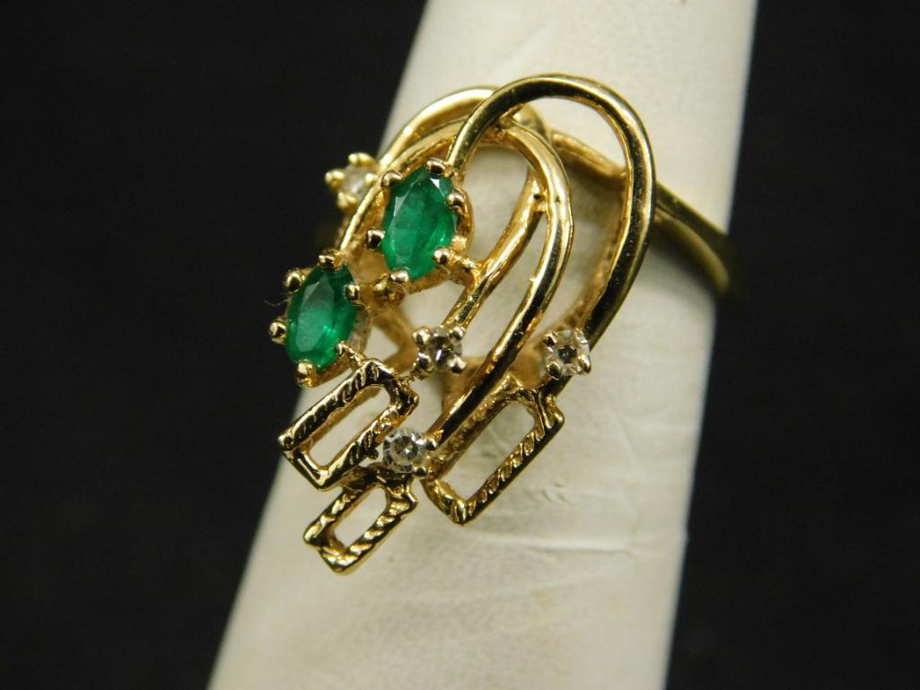 14K Yellow Gold - Ring - Size 6.5 - Emeralds and Diamonds - 4.2 Grams TW