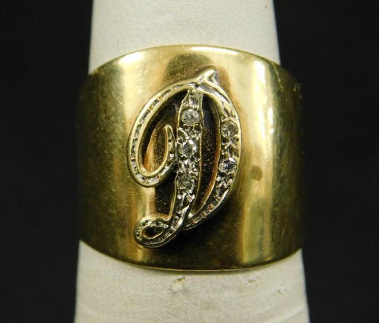 14K Yellow Gold - Ring - Size 6.5 - Monogrammed "D" Diamonds - 5.3 Grams TW