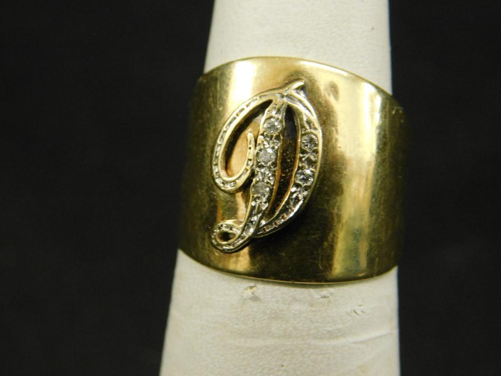 14K Yellow Gold - Ring - Size 6.5 - Monogrammed "D" Diamonds - 5.3 Grams TW