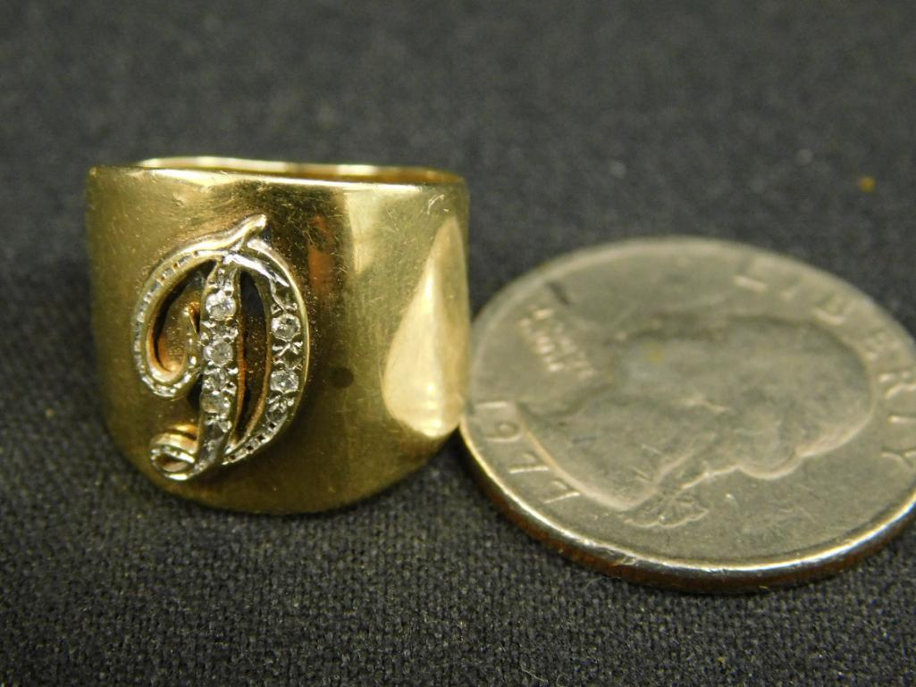 14K Yellow Gold - Ring - Size 6.5 - Monogrammed "D" Diamonds - 5.3 Grams TW