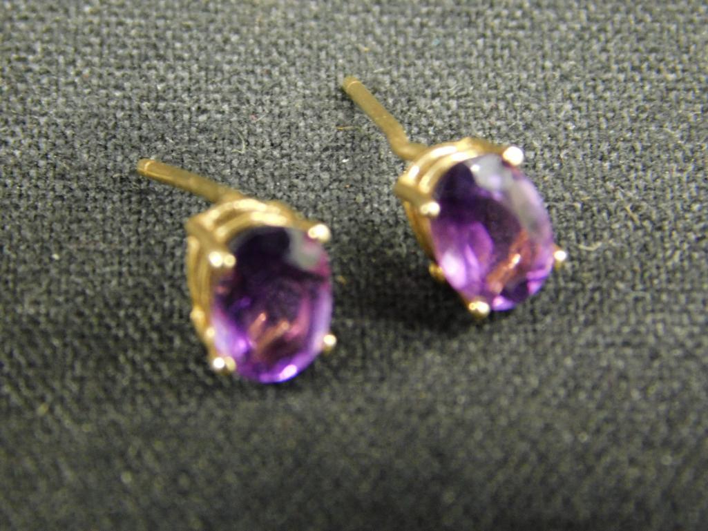 14K Yellow Gold - Pierced Earrings - Amethyst Post - 1.1 Grams TW