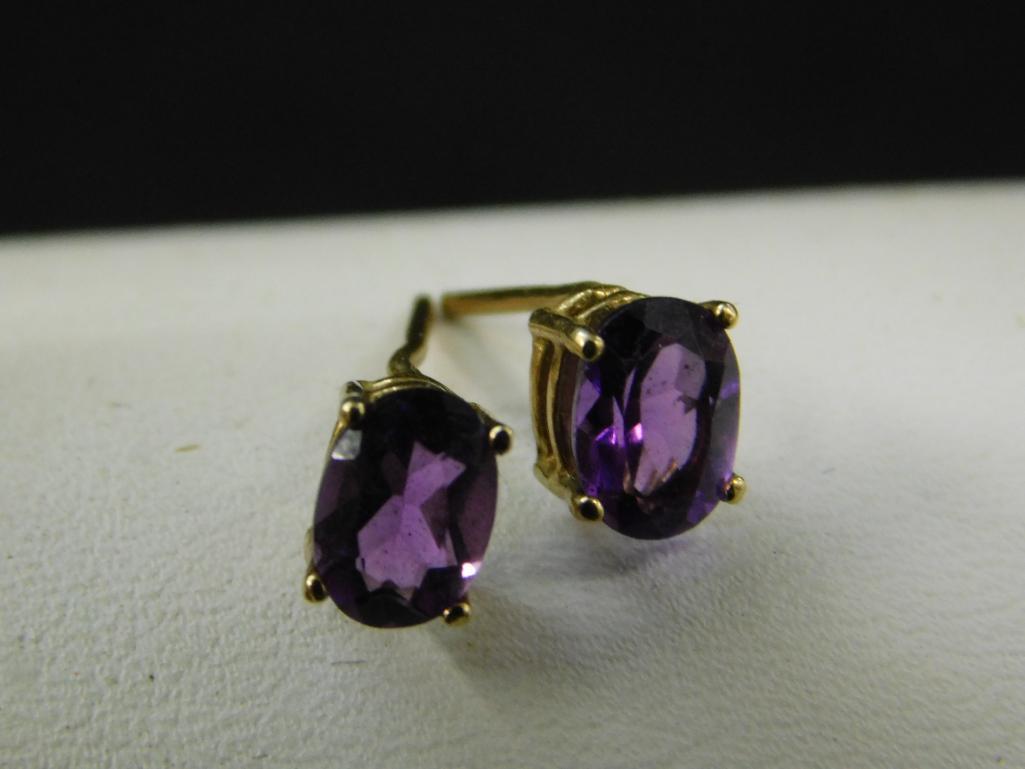 14K Yellow Gold - Pierced Earrings - Amethyst Post - 1.1 Grams TW