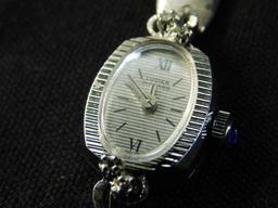 14K White Gold Sapphire and Diamond Bezel Ladies Watch - Lucien Piccard - Gold Filled Band