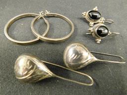 Sterling Silver - 925 - Pierced Earrings - Hoop - Drop - Onyx Drop - 31.9 Grams TW