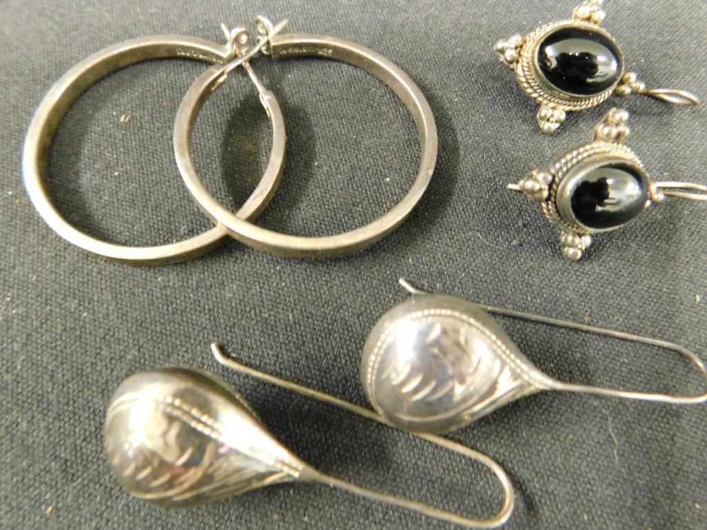 Sterling Silver - 925 - Pierced Earrings - Hoop - Drop - Onyx Drop - 31.9 Grams TW