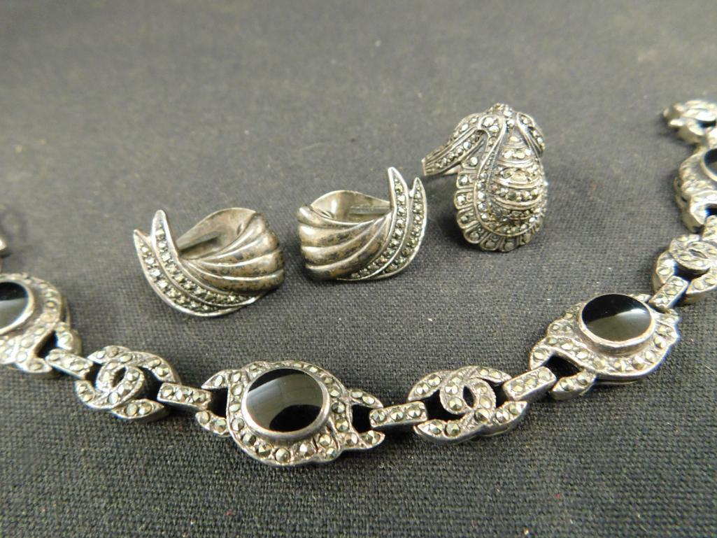 Sterling Silver - 925 - Marcasite and Onyx Bracelet - Marcasite Ring and Earrings