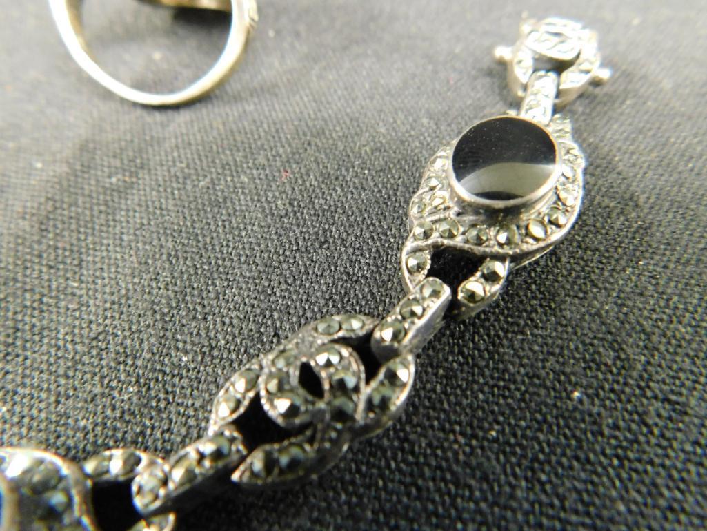 Sterling Silver - 925 - Marcasite and Onyx Bracelet - Marcasite Ring and Earrings