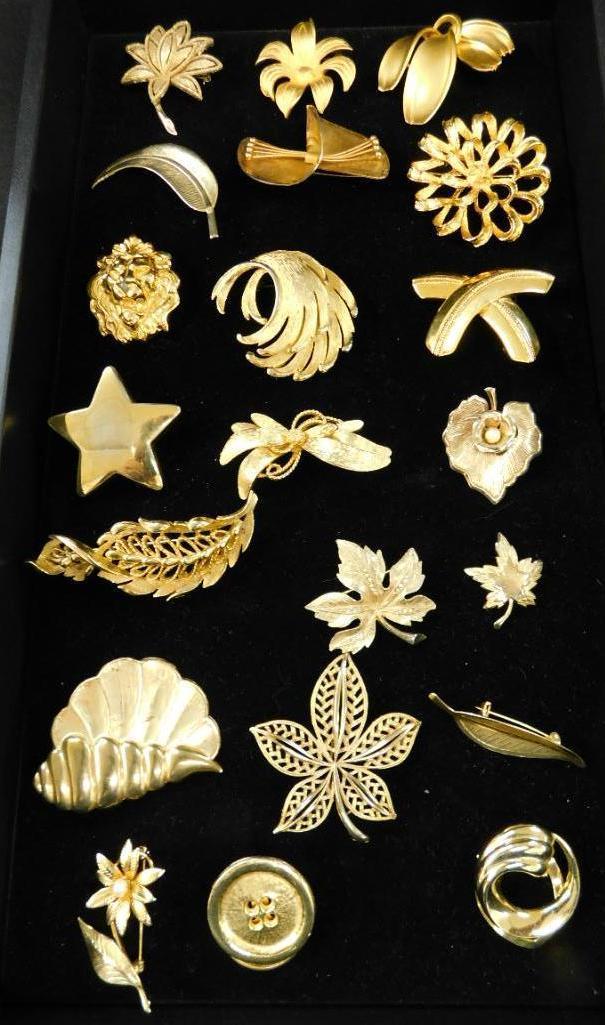 Tray Lot of Costume Jewelry - 19 Gold Tone Brooches - 2 Scarf Clips - Some Signed