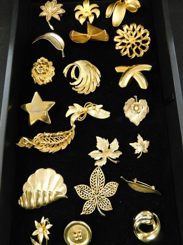 Tray Lot of Costume Jewelry - 19 Gold Tone Brooches - 2 Scarf Clips - Some Signed