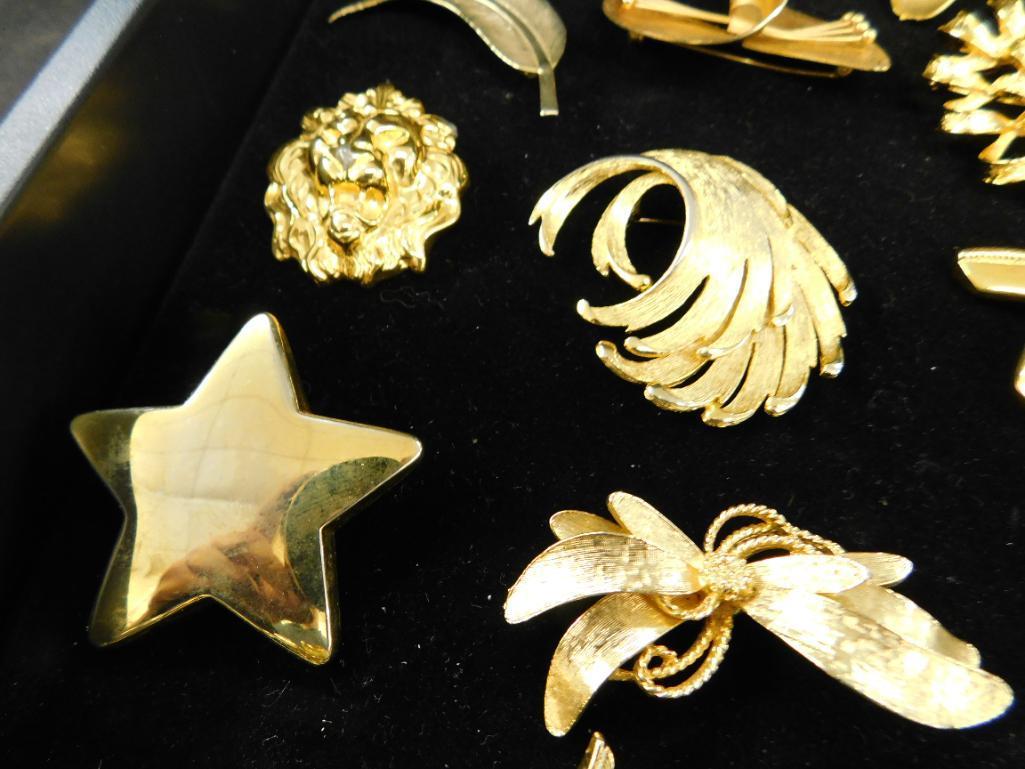 Tray Lot of Costume Jewelry - 19 Gold Tone Brooches - 2 Scarf Clips - Some Signed