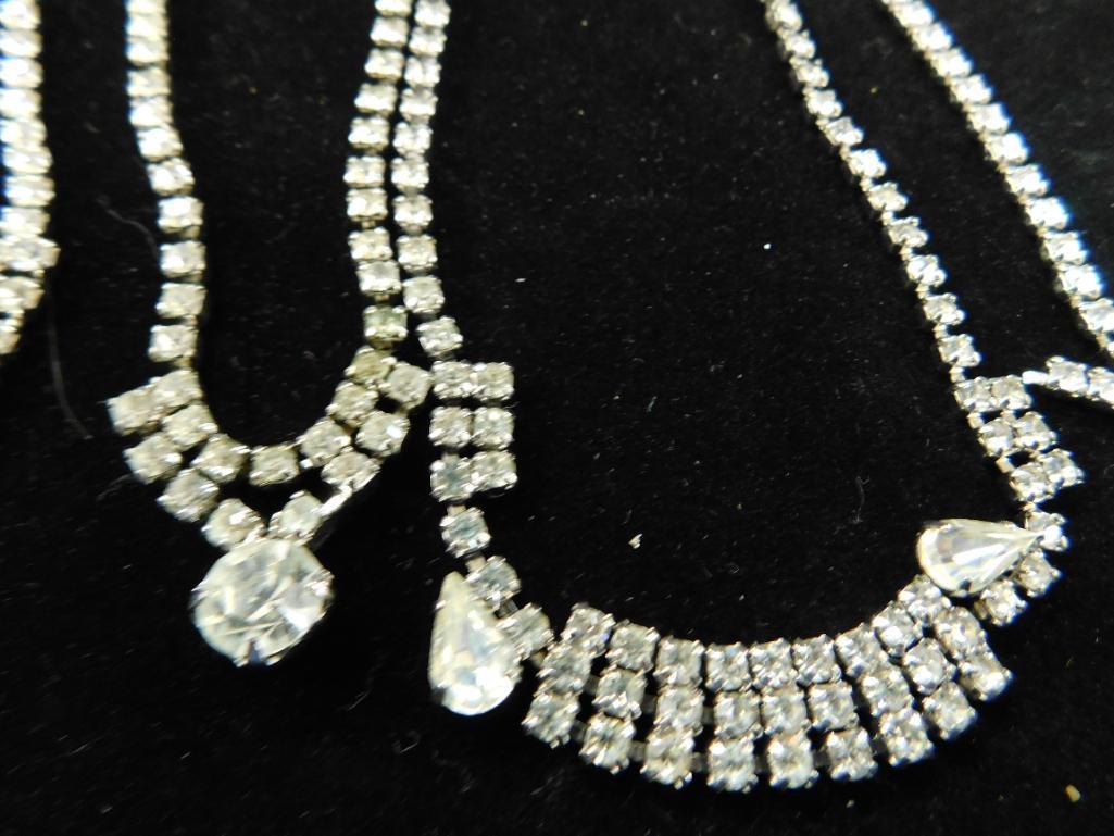 Tray Lot of Costume Jewelry - 7 Vintage Clear Rhinestone Necklaces