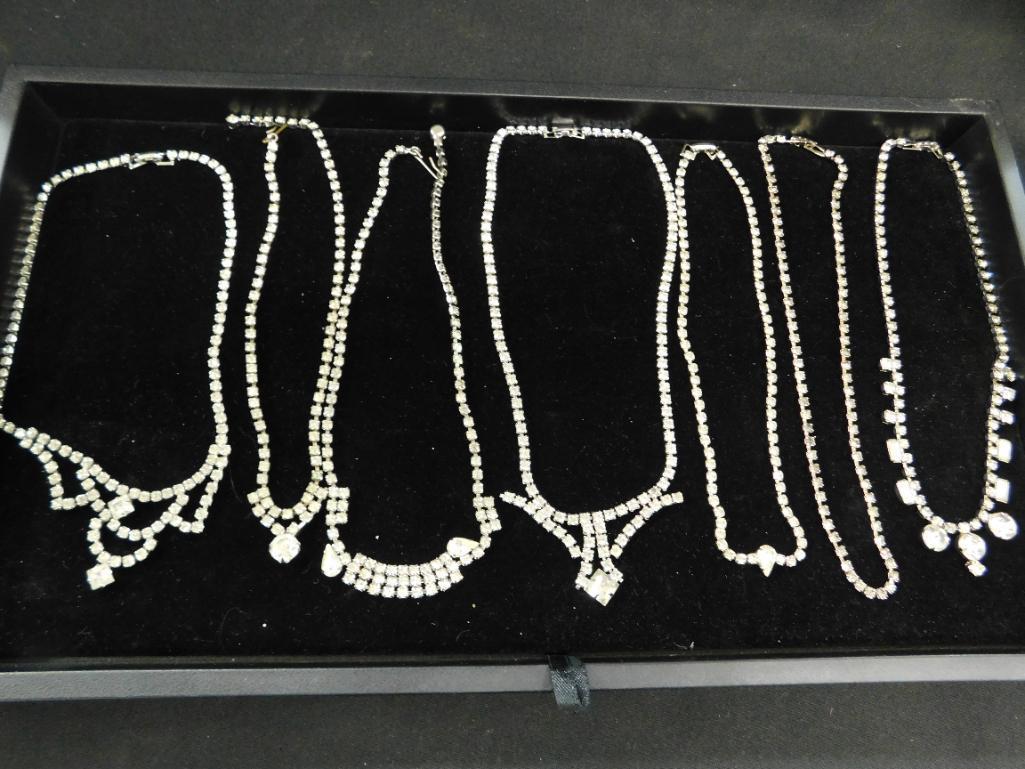 Tray Lot of Costume Jewelry - 7 Vintage Clear Rhinestone Necklaces