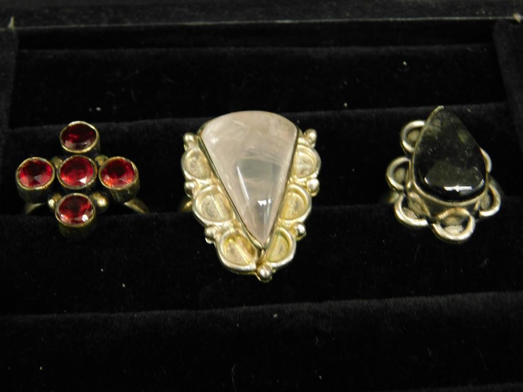 Tray Lot of Costume Jewelry - 20 Natural Stone Rings - Various Sizes