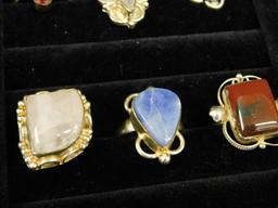 Tray Lot of Costume Jewelry - 20 Natural Stone Rings - Various Sizes