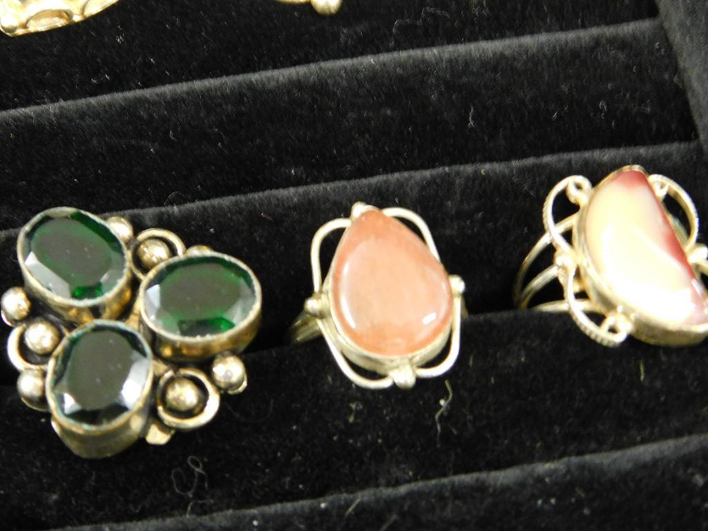 Tray Lot of Costume Jewelry - 20 Natural Stone Rings - Various Sizes